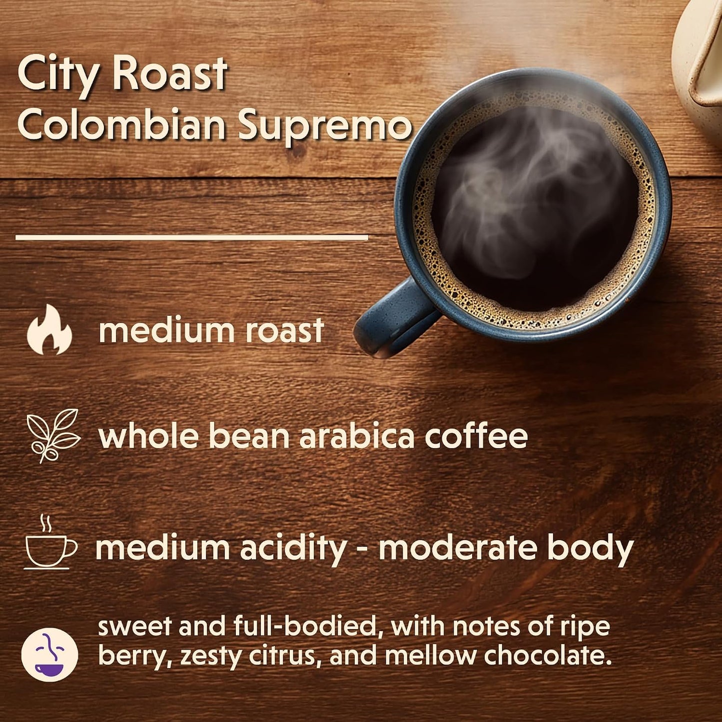 Coffee Bean Direct City Roast Colombian Supremo, Whole Bean, 2.5lb Bag | Medium Roast, Single Origin Arabica Coffee Beans