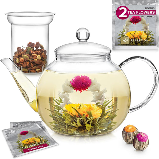 Teabloom Stovetop & Microwave Safe Glass Teapot with Removable Loose Tea Glass Infuser – Includes 2 Blooming Teas – 2-in-1