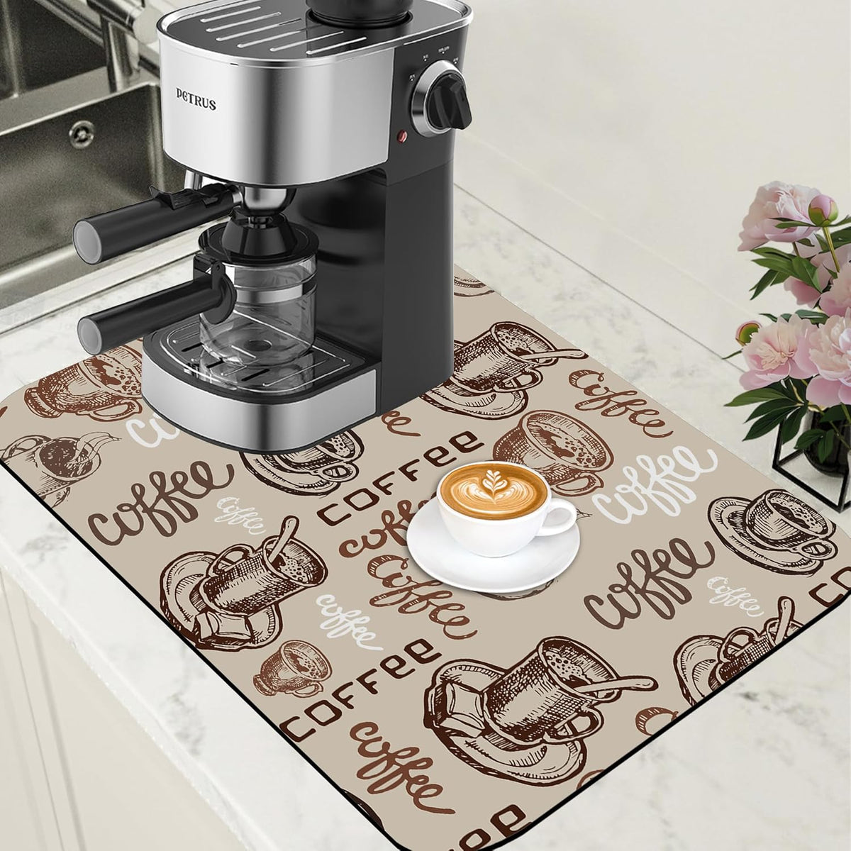 Coffee Cup Dish Drying Mat Cute Doodle Coffee Bar Mat for Countertop Absorbent Rubber Backed Hide Stain Dish Drainer Rack Pad Espresso Machine Dining Room Decoration 15.7 x 23.6 Inch
