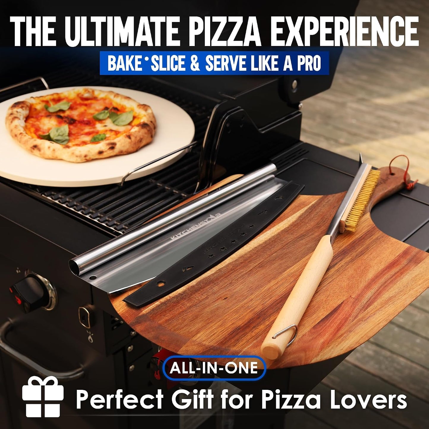 Pizza Stone Set for Oven and Grill – 16 Inch Cordierite Baking Stone, 1800°F Resistant, 6-Piece Kit with Acacia Wood Pizza Peel, Cutter Rocker, Steel Rack &amp; Cleaning Brush