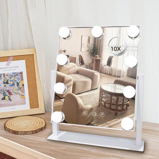 Hollywood Vanity Mirror with Lights, 9 Dimmable LED Bulbs Lighted Makeup Mirror with Detachable 10X Magnification Mirror,
