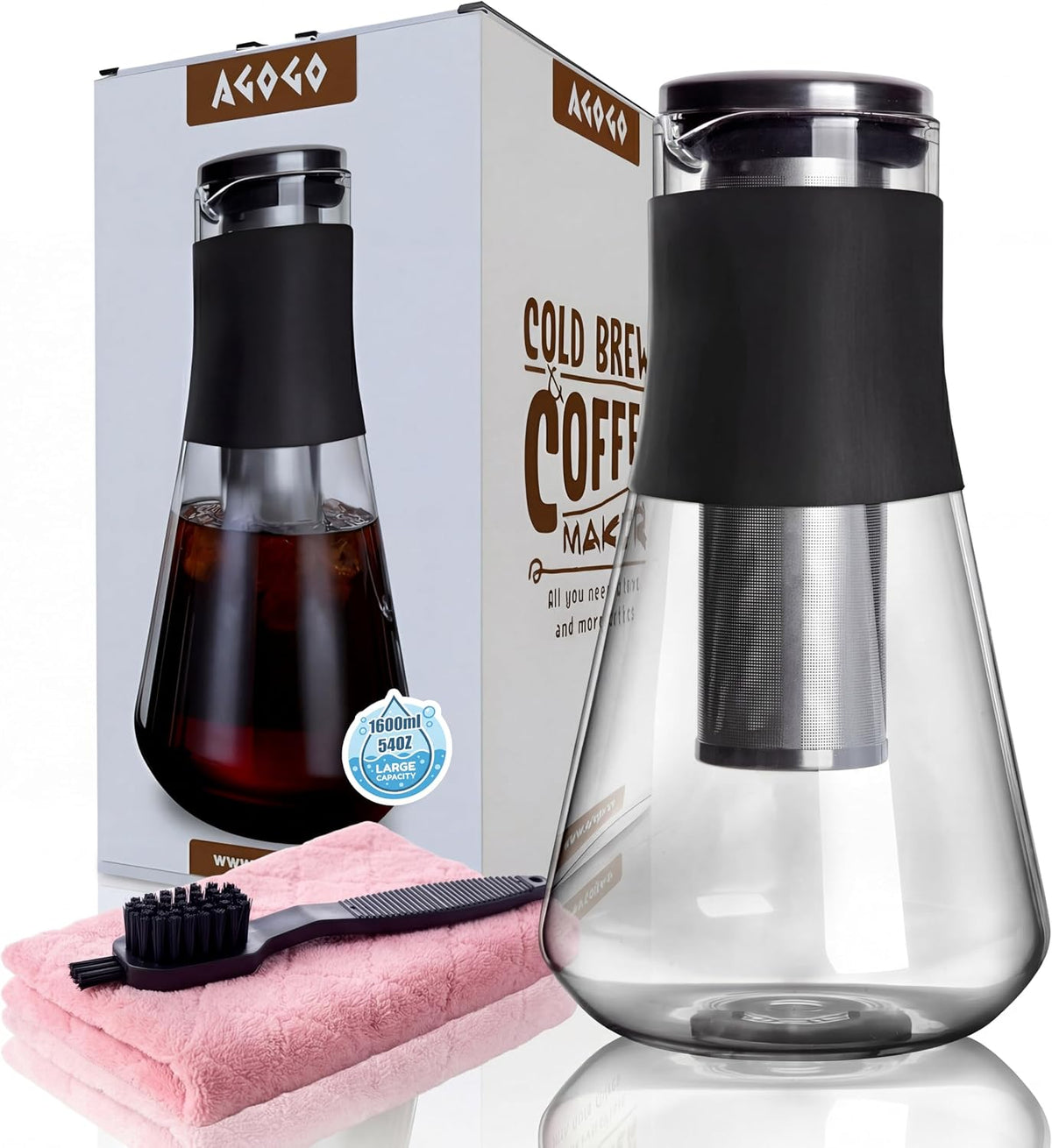 AGOGO 54oz Glass Coffee Maker &amp; Pitcher for Iced Tea &amp; Fruit Infusions | Thermal-resistant borosilicate, removable metal filter, and anti-scald grip for family breakfasts, office sharing, or gifts