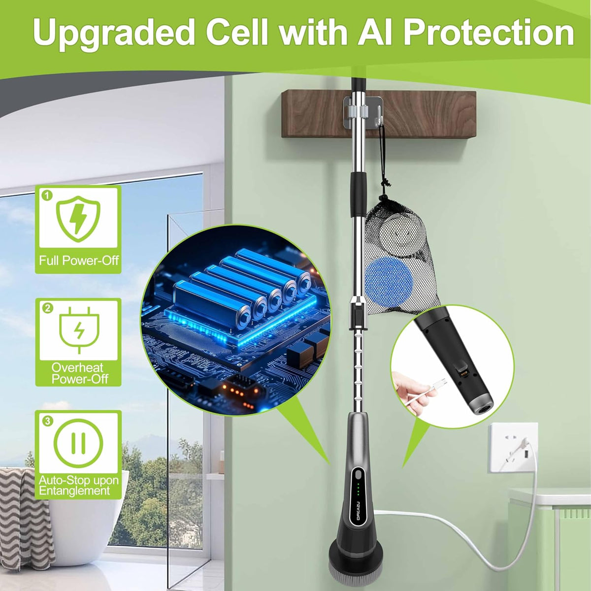 Dreazu Pro Electric Spin Scrubber, 10-in-1 Shower Scrubber &amp; Retractable Long Handle, 44 lbs High-Torque &amp; Variable Speed Shower Cleaning Brush for Bathroom,Toilet, Bathtub, Kitchen, Tile Floors, Car
