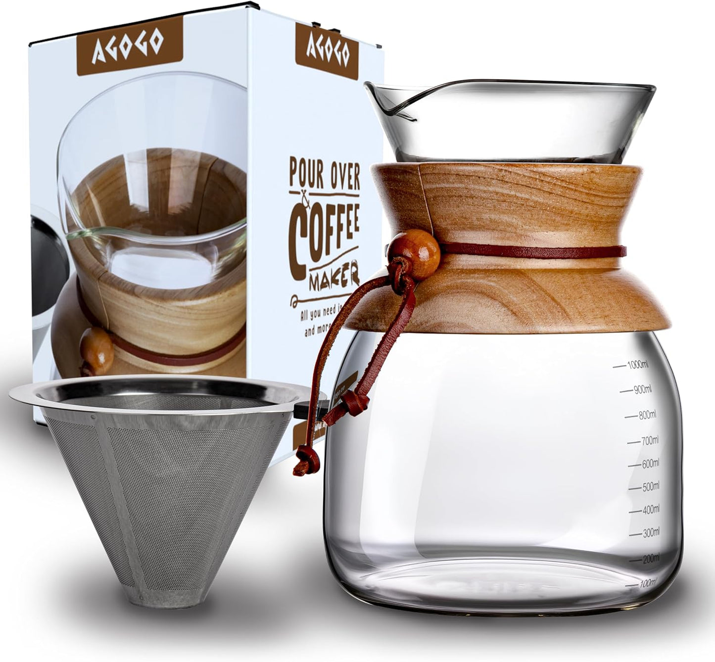 AGOGO Glass Pour Over Coffee Maker, 34oz with Stainless Filter