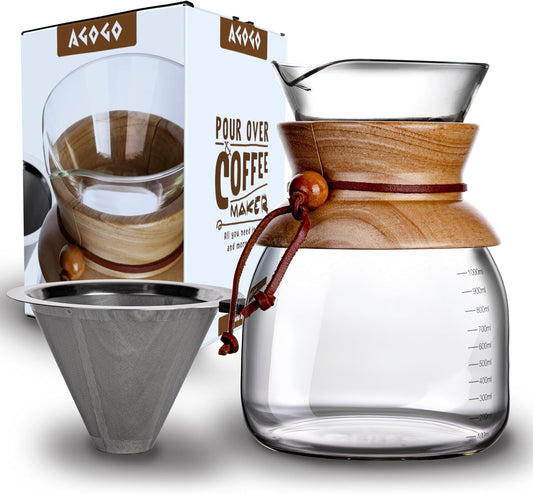 AGOGO Glass Pour Over Coffee Maker, 34oz with Stainless Filter