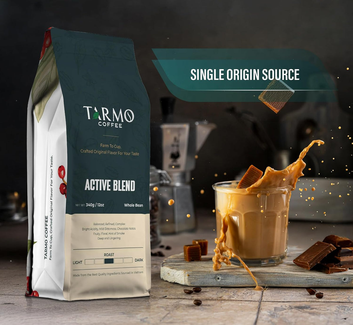 TARMO - ACTIVE BLEND | Low Acid ARABICA &amp; ROBUSTA BLEND Whole Bean Coffee | Specialty Vietnamese Coffee | Single Origin Medium Roast | Premium Espresso Beans, 12 Oz Bag