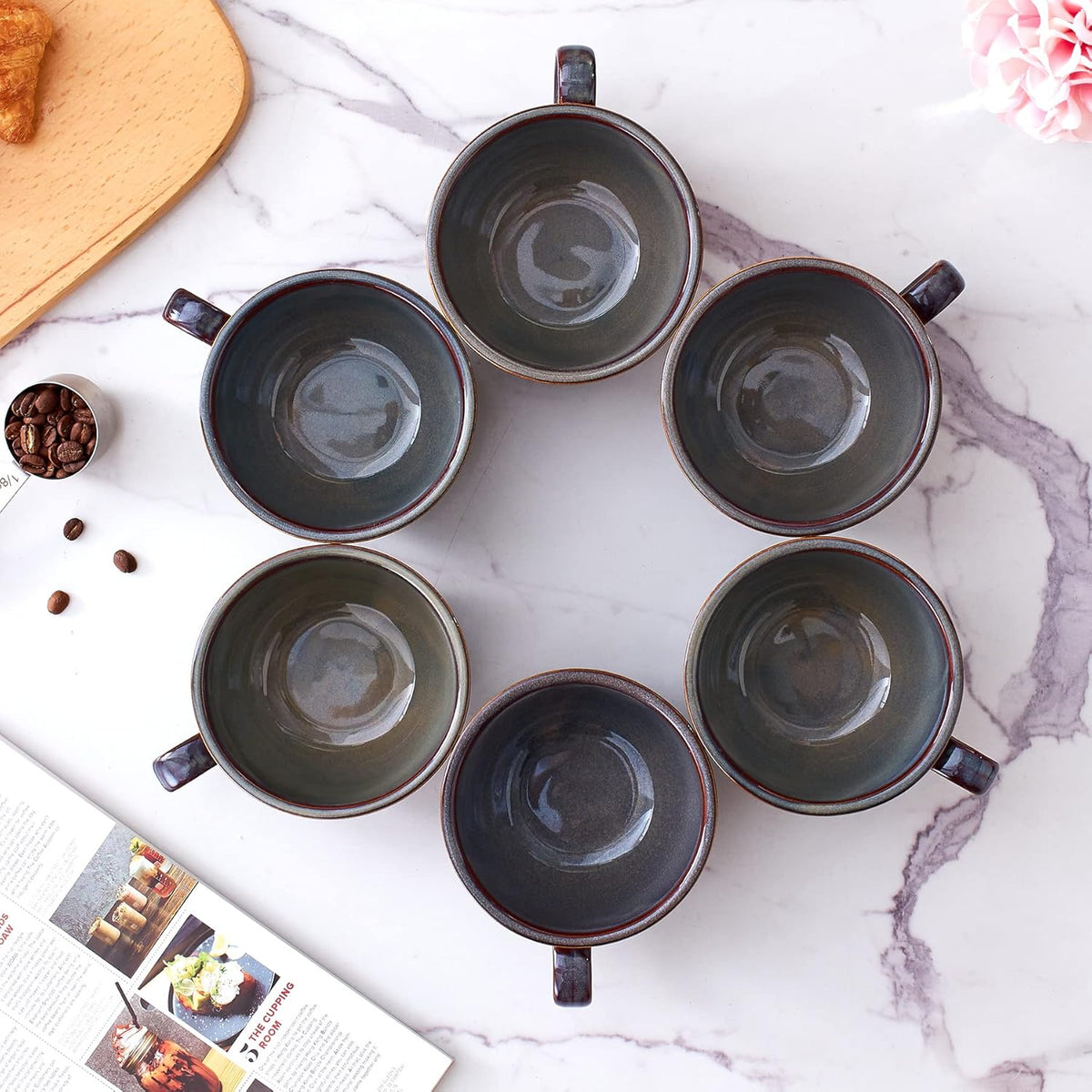 Set of 6 Cups Vintage Design 12 oz Professional Barista Ceramic Latte Art Cappuccino Cups Set (Embossed Grey * 6)