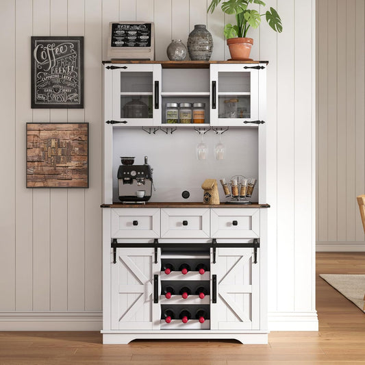 Coffee Bar Cabinet with Sliding Barn Doors 71'' Farmhouse Pantry Cabinet with Drawers & Wine Glass Rack Rustic Buffet