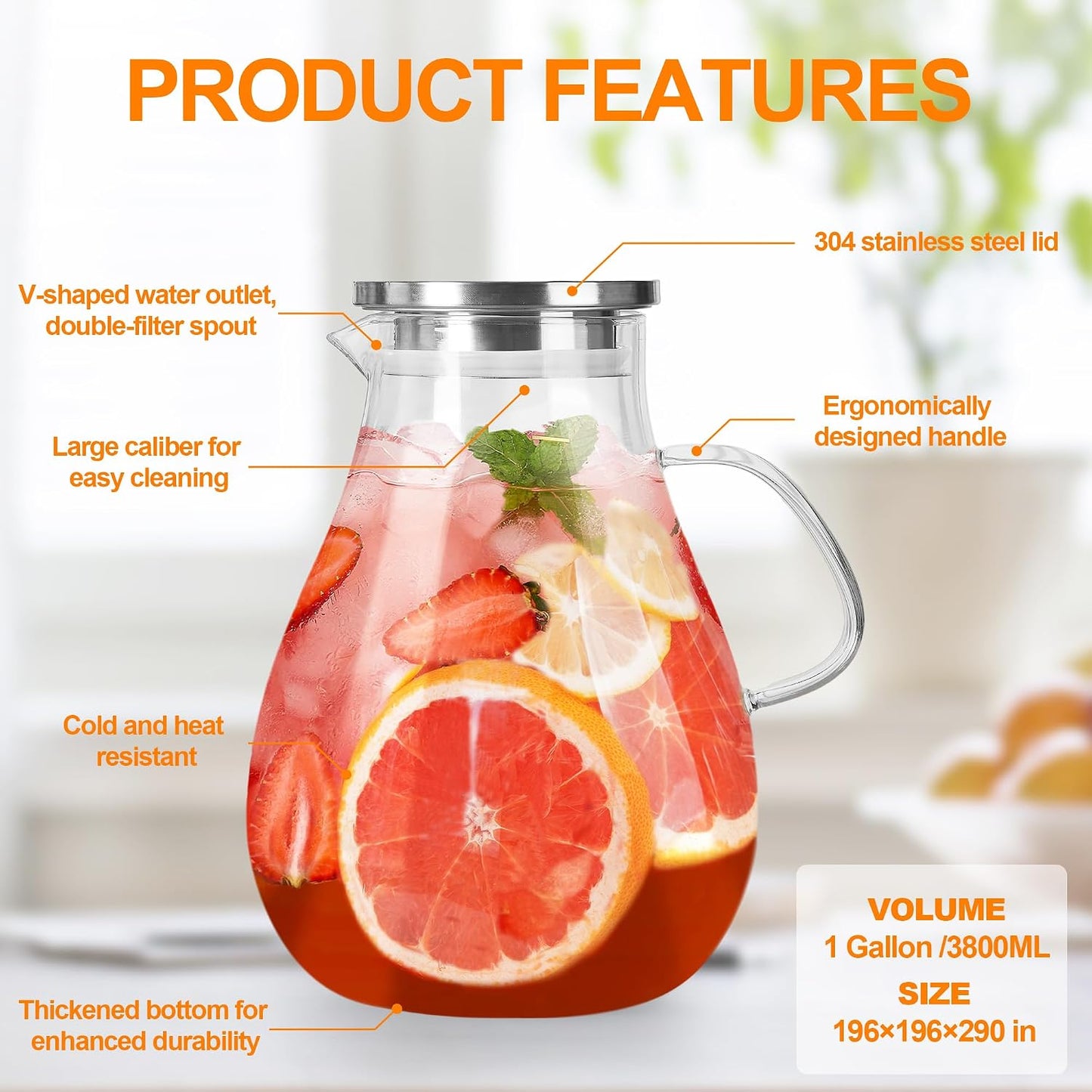 1 Gallon Glass Pitcher with Lid and Handle, Hot &amp; Cold Water Jug, Extra-Wide Mouth Beverage Carafe for Juice, Iced Tea &amp; Drinks