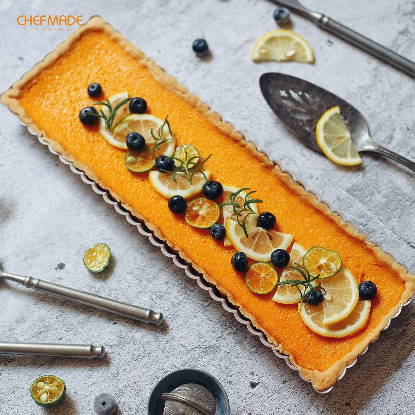 CHEFMADE Rectangle Tart Pan, 5x14-Inch with Removable Loose Bottom Non-Stick Oblong Quiche Bakeware for Oven Baking (Champagne Gold)