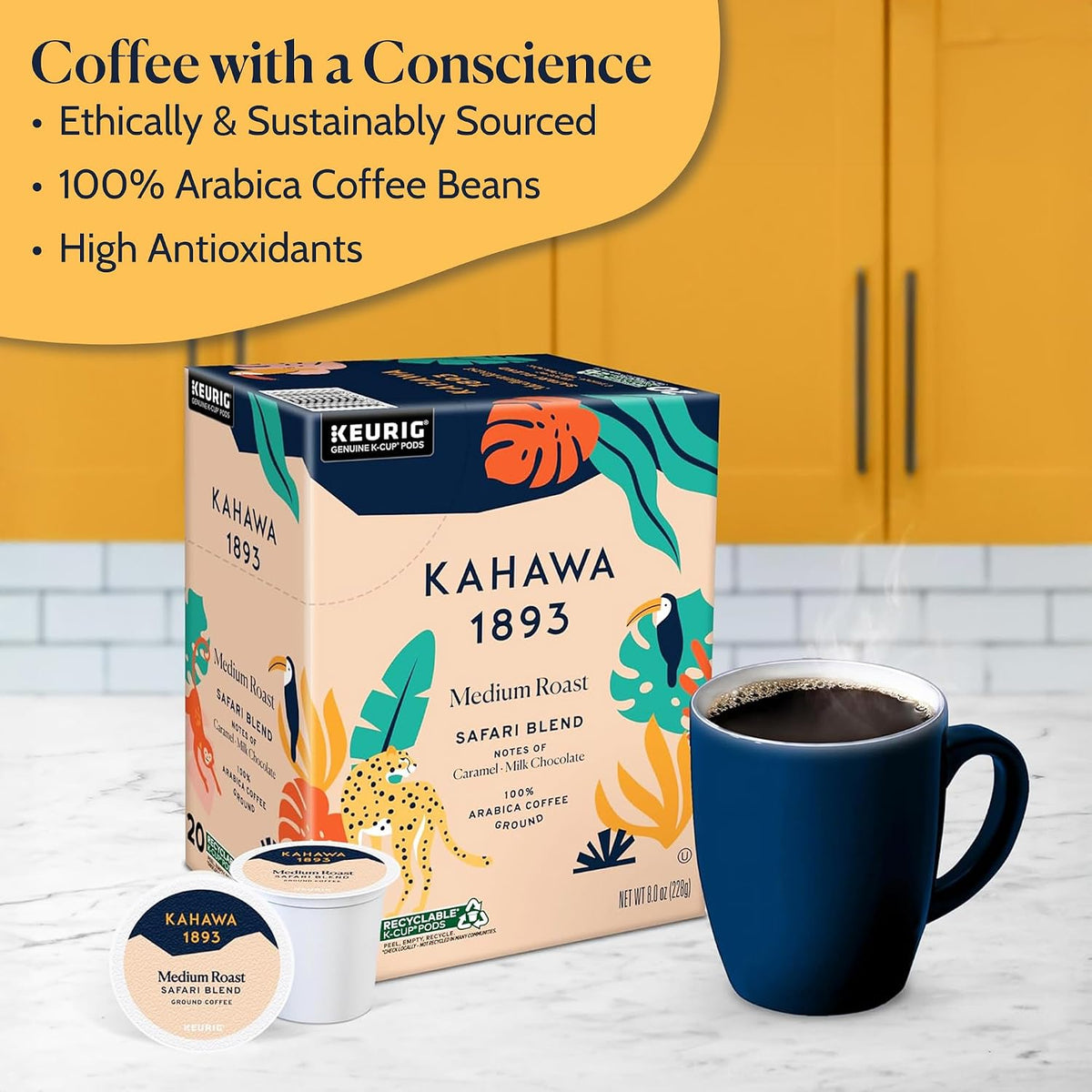 Kahawa 1893 Medium Roast Coffee K-Cup Pods Safari Blend (20 Count) | As Seen on Shark Tank, High Antioxidants, Naturally Sweet, Organically Grown &amp; Cultivated, Ethically &amp; Sustainably Sourced