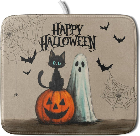 Happy Halloween Black Cat Ghost Dish Drying Mat for Kitchen Counter,Halloween Pumpkin Spiderweb Bat Drying Mat 16 x 18 Inch
