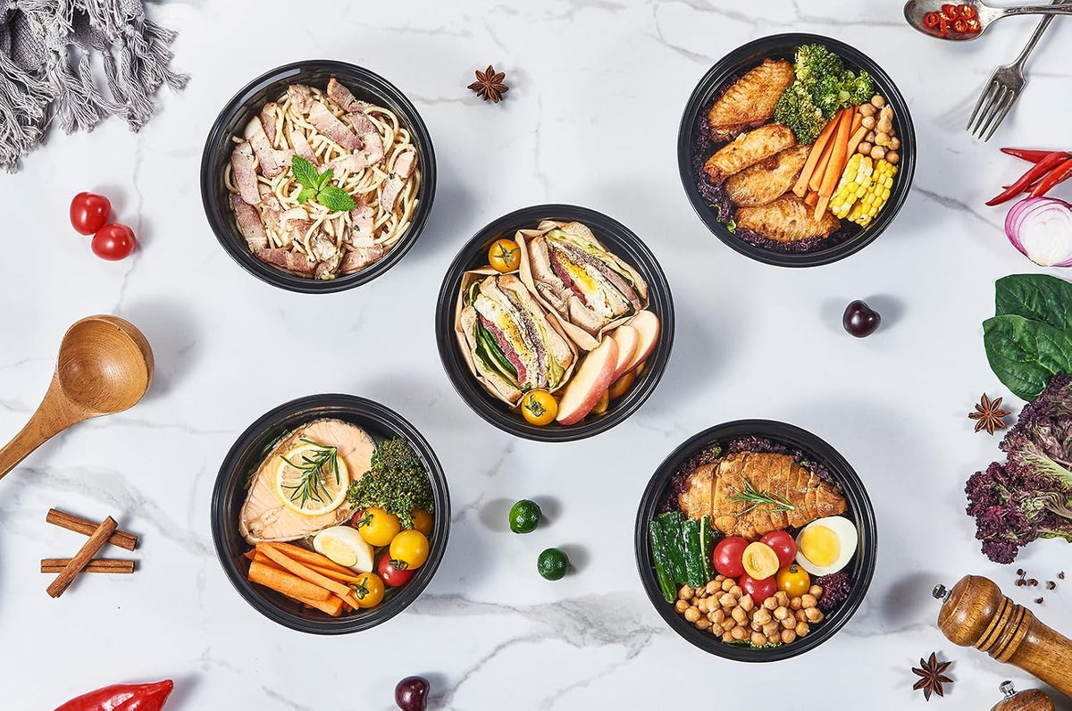 FULING 32 oz 50 ct Round Meal Prep Containers with Lids Plastic Food Storage Lunch Plan To Go Box Disposable Take Out Bowls Black BPA Free Reusable Durable Stackable Microwave Freezer Dishwasher Safe