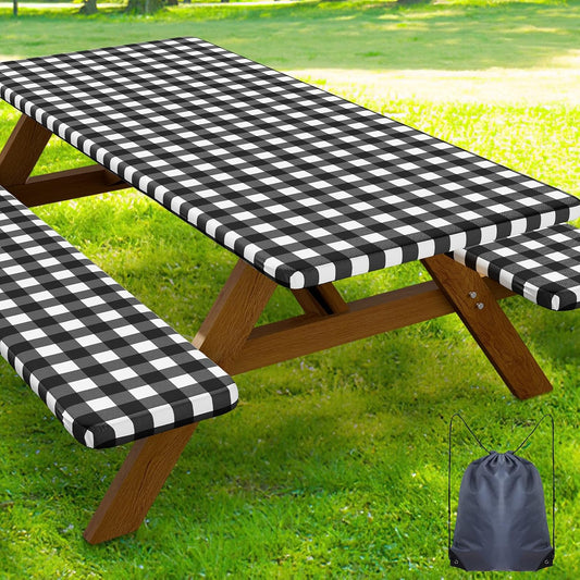 Smiry 6FT Picnic Table Cover with Bench Covers, Elastic Fitted Tablecloth | Waterproof Washable Rectangle Tablecloths ,B