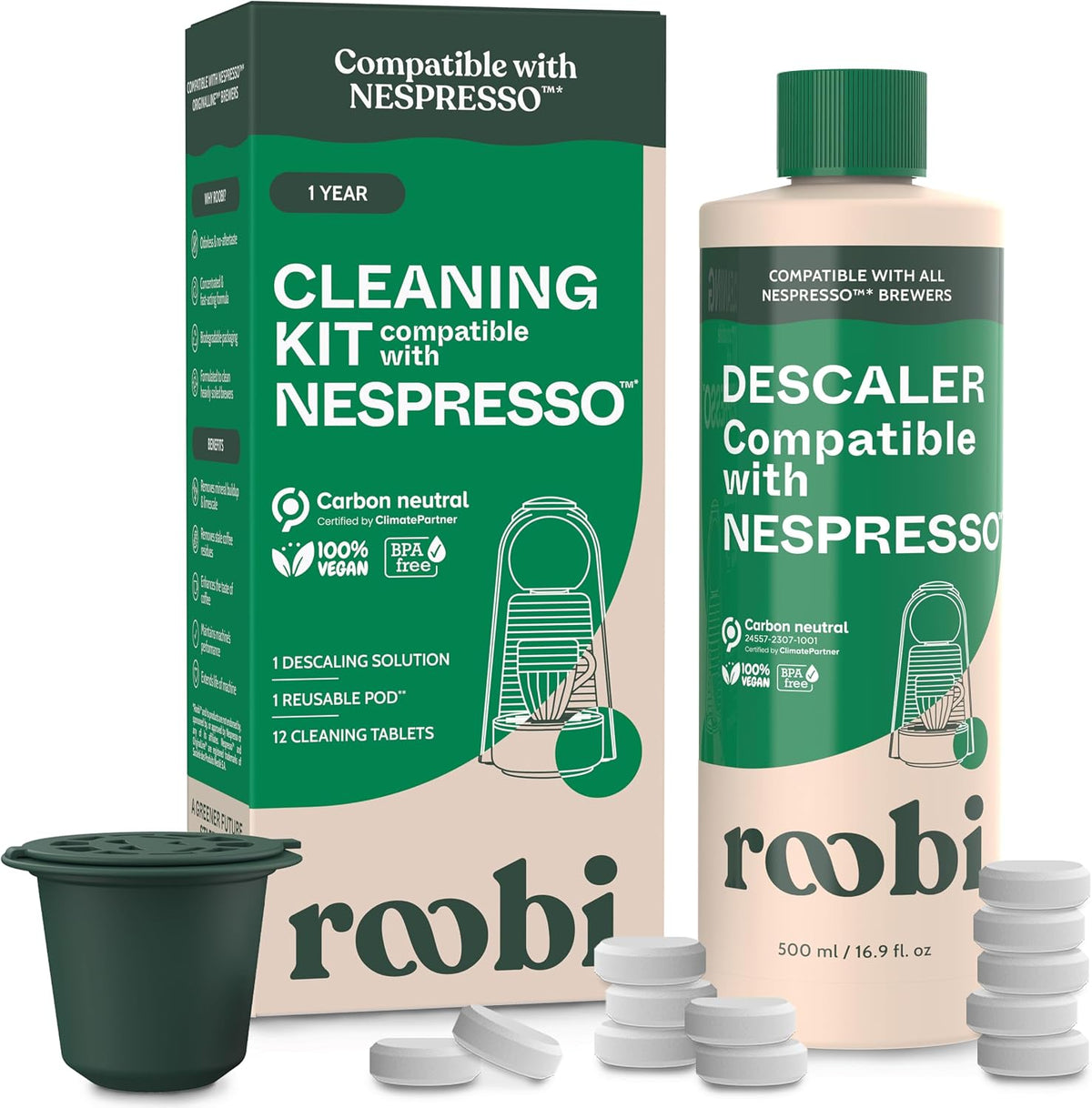 Roobi Descaling and Cleaning Kit Compatible with Nespresso Originaline | 500ml Bottle of Descaling Solution, 12 Cleaning Tablets, 1 Reusable Pod, Carbon Neutral, 1 Year Supply