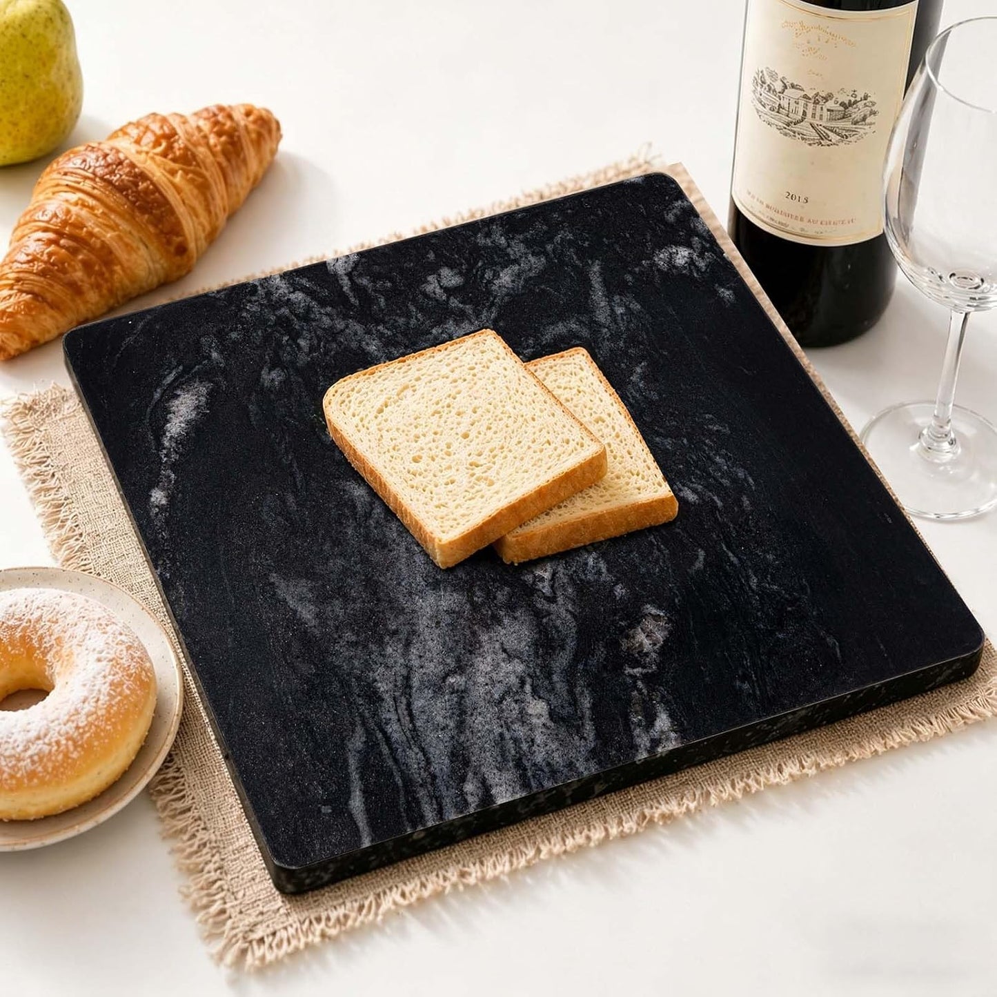 Black Marble Cutting Board, 16×16In Stone Cutting Boards for Kitchen | Marble Slab Pastry Board With Non-Slip Feet for Baking Cheese Charcuterie Dough - Wedding Gift, Easy Clean and Drain