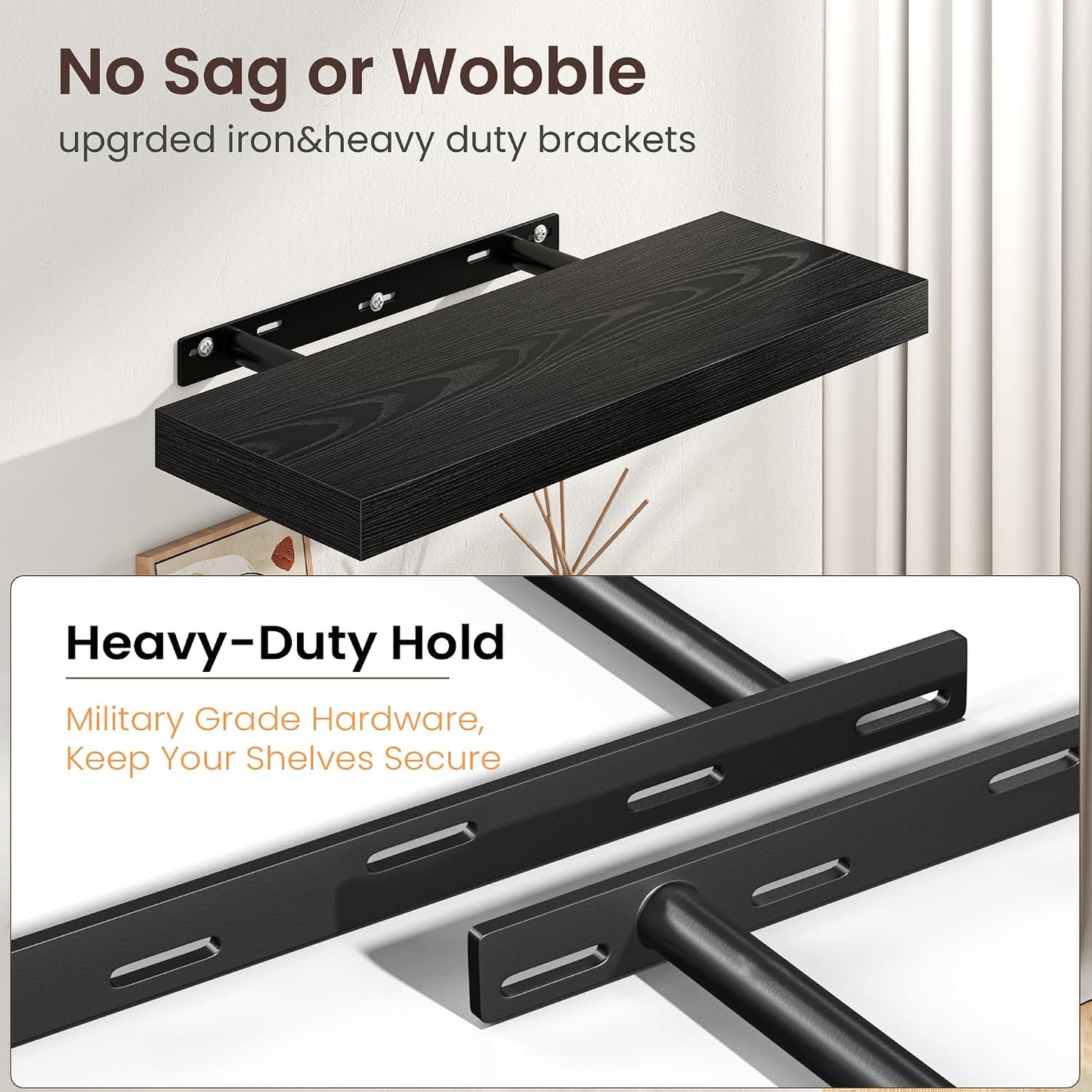 24" Floating Shelves for Wall, Wooden Wall Mounted Shelf, Set of 2, Black