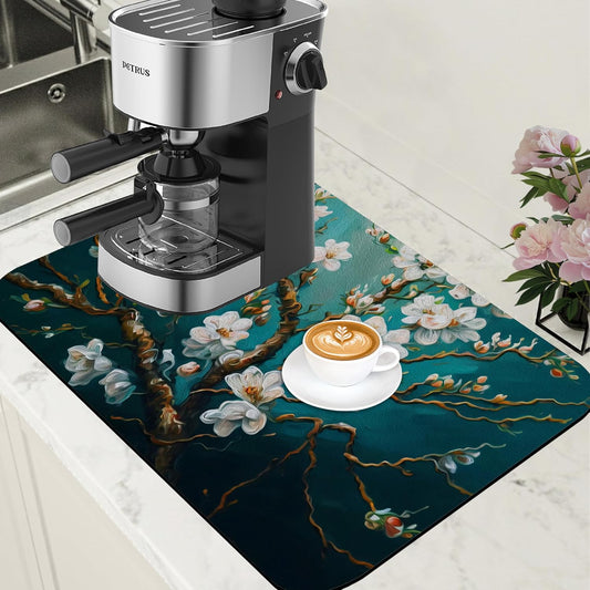Blossoming Almond Tree Dish Drying Mat for Kitchen Counter Bar Mat Hide Stain Absorbent Rubber Backed Coffee Mat Coffee