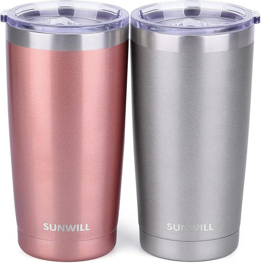 SUNWILL Travel Coffee Mug Set of 2, 20 oz Tumbler with Lid, Insulated Stainless Steel Cup for Water, Tea, Ice, Rose Gold &