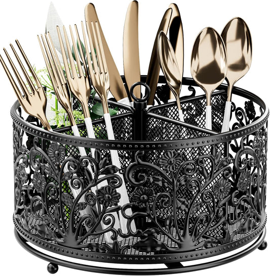 360° Rotating Utensil Caddy - Silverware Cutlery Caddy Holder with 4 Compartment, Metal Flatware Organizer Countertop with