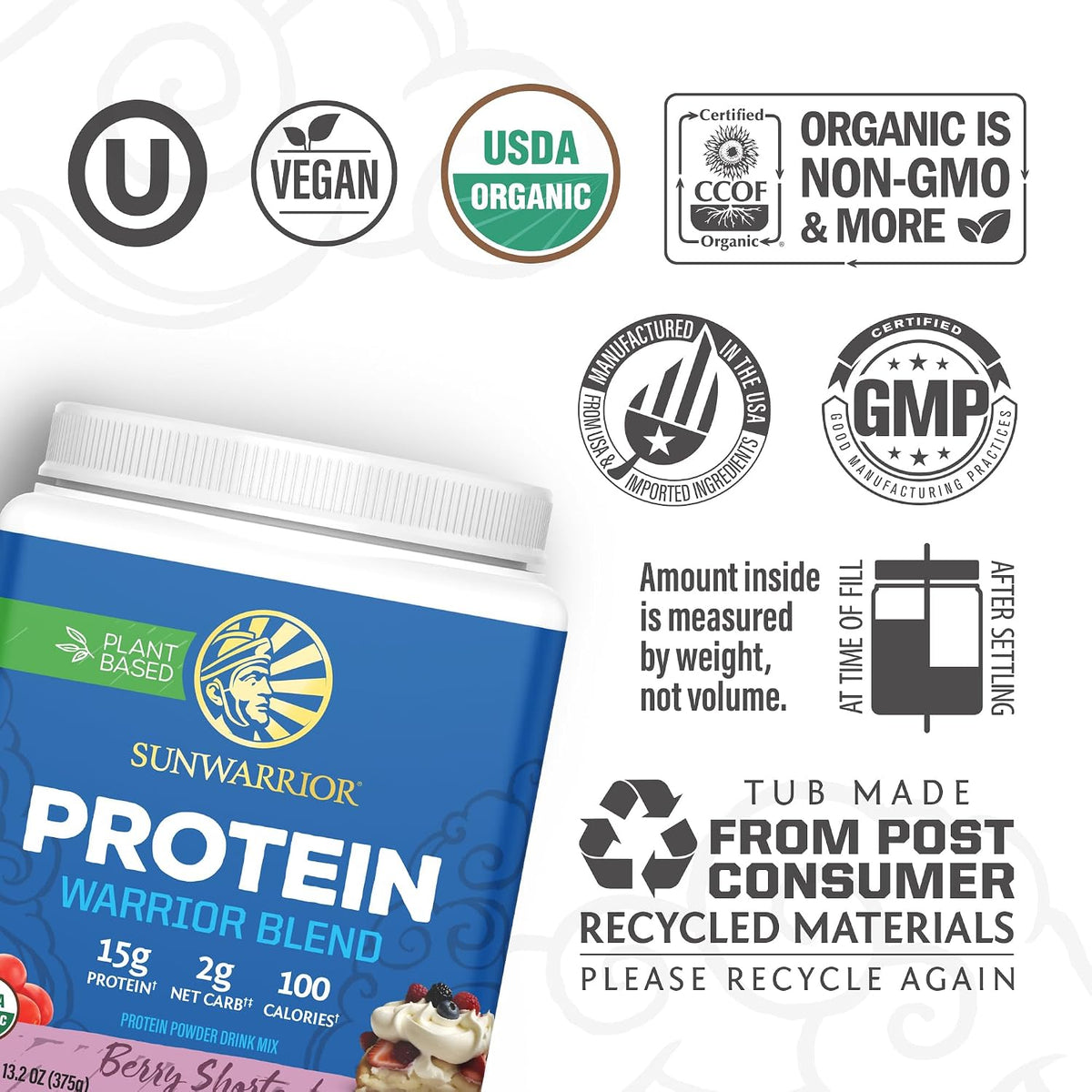 Sunwarrior - Warrior Blend, Plant Based, Raw Vegan Protein Powder with Peas &amp; Hemp, Berry, 13.2 Ounce (Pack of 1)