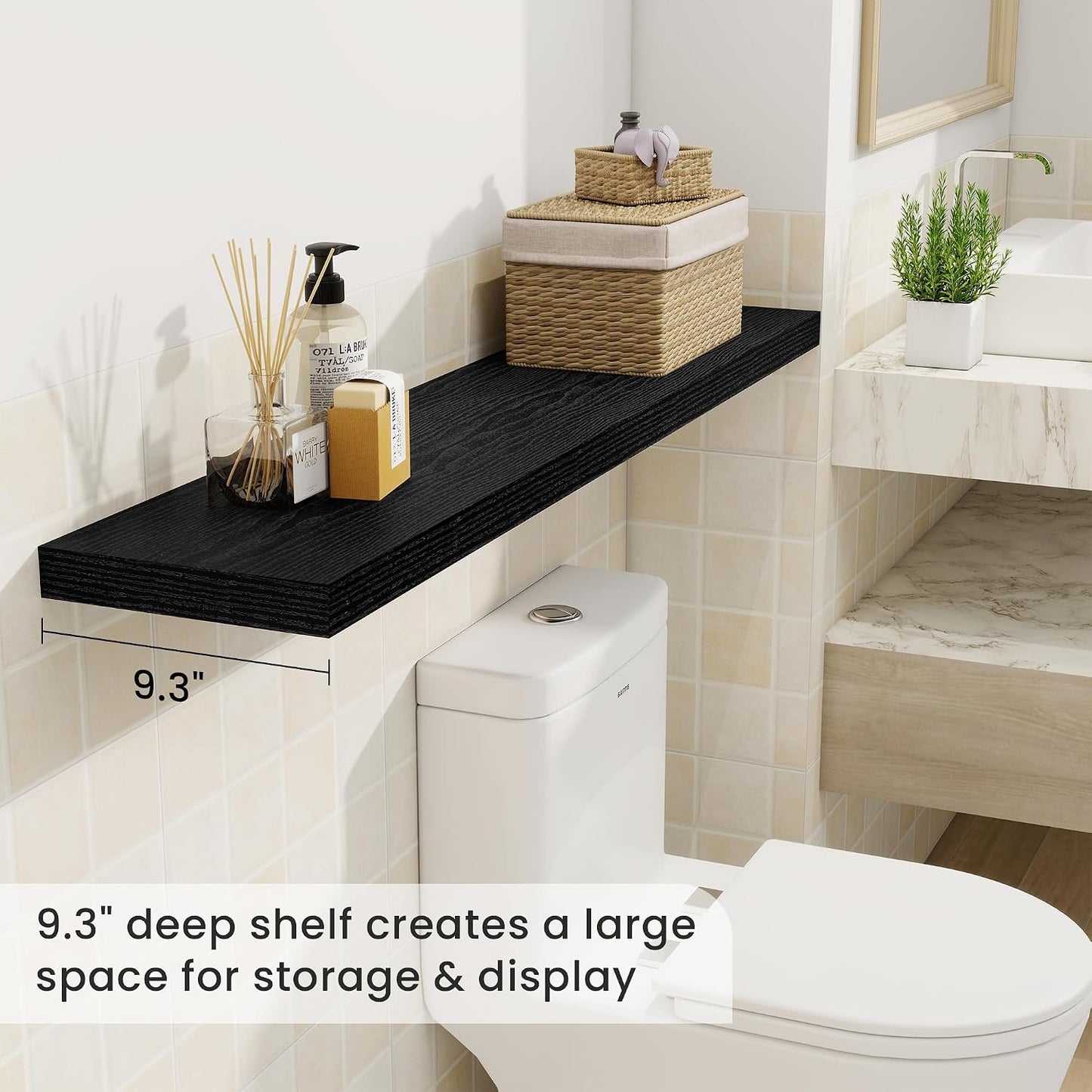 Fun Memories 48 Inch Black Floating Shelves, 9.3 Inch Deep Wall Shelves for Living Room|Bedroom|Kitchen, Rusitc Wall Mounted Bathroom Shelves 2 Pack, Heavy-Duty Deep Shelf for Books，Decor