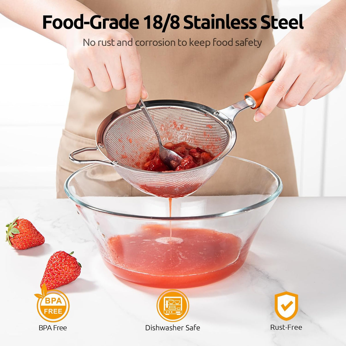 U-Taste Medium Fine Mesh Strainer: 18/8 Stainless Steel 4.73in 30 Mesh Kitchen Food Sieve with Sturdy Riveted Silicone Handle, Heavy Duty Deep Handheld Metal Colander for Rice, Quinoa, Flour (Orange)