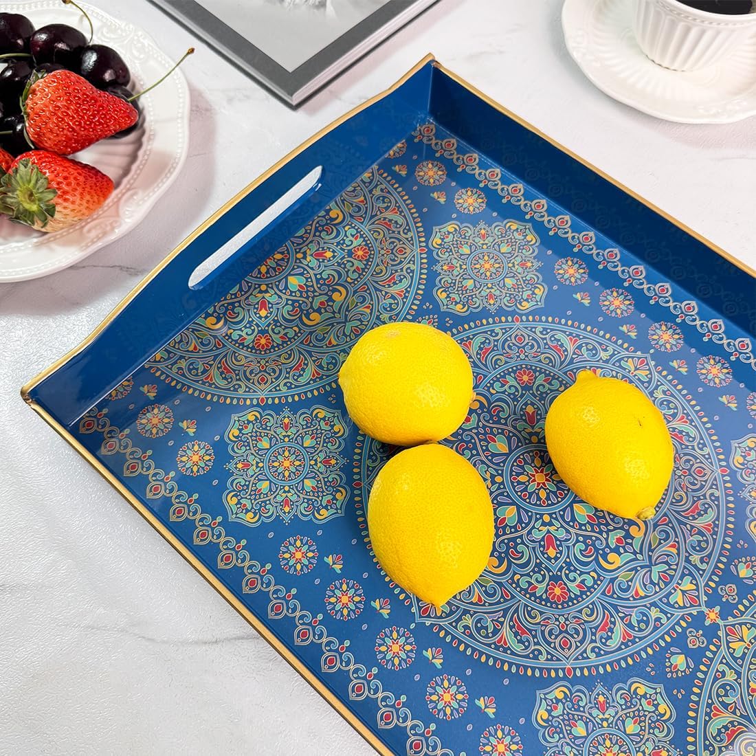 Boho Blue Decorative Tray, Serving Tray with Handles, Plastic Tray for Coffee Table, Ottoman - Ideal for Living Room &amp; Bathroom. 15” x 11” x 2.5”