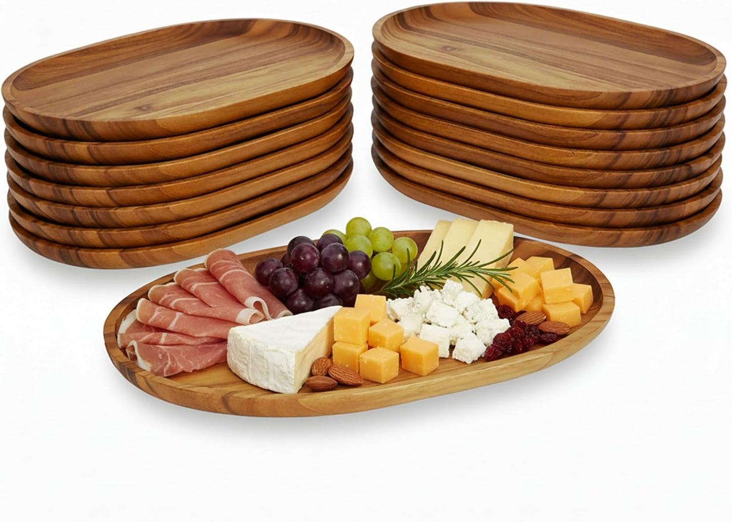 Woodard &amp; Charles Acacia Wood Large Oval Serving Tray, 10" x 15", 16 Pack | Acacia Wood Oval Serving Tray; Perfect for Charcuterie, Cheese, Tapas, Sushi, Crudités and Appetizers at Any Gathering