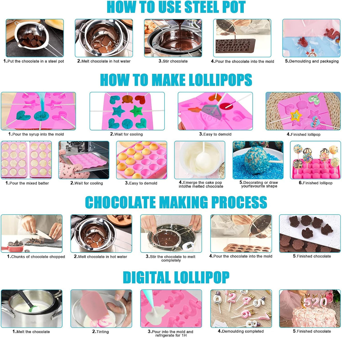 Cake Pop Maker Kit 618Pcs with 5 Silicone Mold Sets - 3 Tier Display Stand, Chocolate Candy Melting Pot, Piping Tips and Coupler, Measuring Cup, Muffin Cupcakes, Lollipop Sticks, Valentine Easter Gift
