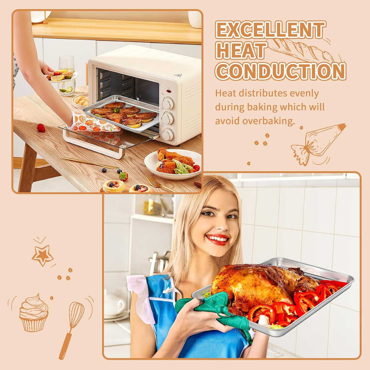 Stainless Steel Baking Sheet Set of 2, Deedro Cookie Sheet Metal Baking Pan Oven Tray, Non Toxic &amp; Heavy Duty, Rust Free &amp; Mirror Finish, Easy Clean &amp; Dishwasher Safe, 12 x 10 x 1 Inch