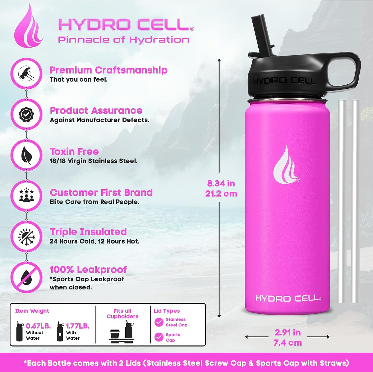 HYDRO CELL Stainless Steel Insulated Water Bottle with Straw - For Cold &amp; Hot Drinks - Metal Vacuum Flask with Screw Cap and Modern Leakproof Sport Thermos for Adults (Fuchsia 18oz)