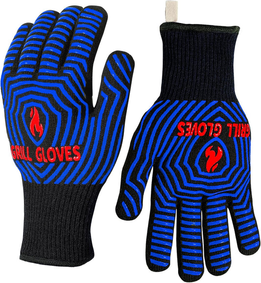 QUWIN BBQ Gloves, Oven Gloves 1472℉ Extreme Heat Resistant, Grilling Gloves Silicone Non-Slip Oven Mitts, Kitchen Gloves for