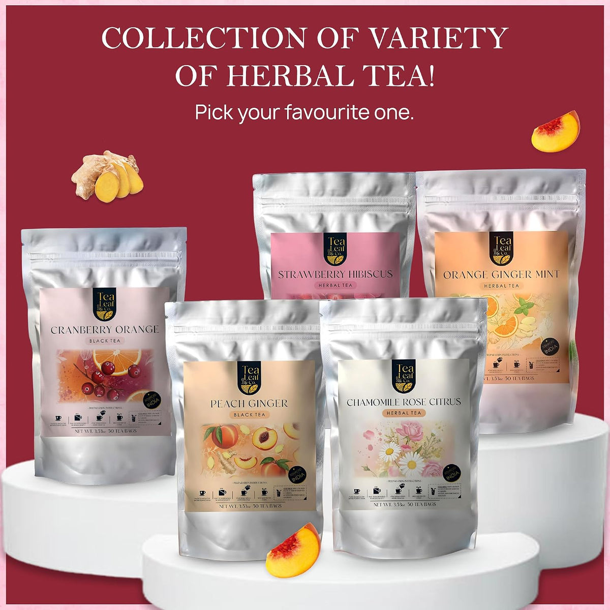 Peach Ginger Black Tea 100gm/3.5oz, Natural Herbal Infusion, 50 Tea Bags