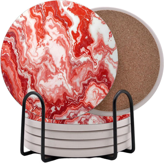 Light Red Agate Marble Round Coasters Set of 6 - Abosrbent Ceramic Coasters with Metal Stand for Drinks