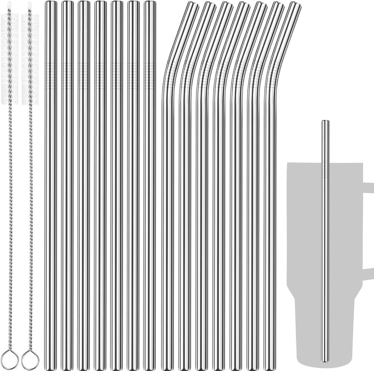 Tomorotec 14PCS Stainless Steel Straws Fit for 40oz Stanley Tumbler, Silver