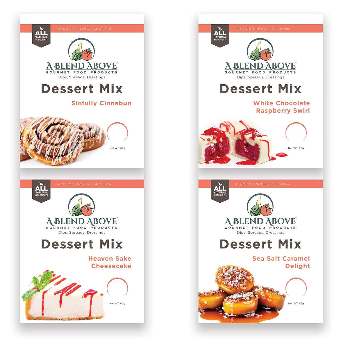 A Blend Above No-Bake Desserts Mix Variety Pack - Includes Heaven Sake Cheesecake, White Chocolate Raspberry, Sea Salt Caramel, and Cinnabun - All Natural, Gluten Free, No MSG - Pack of 4"
