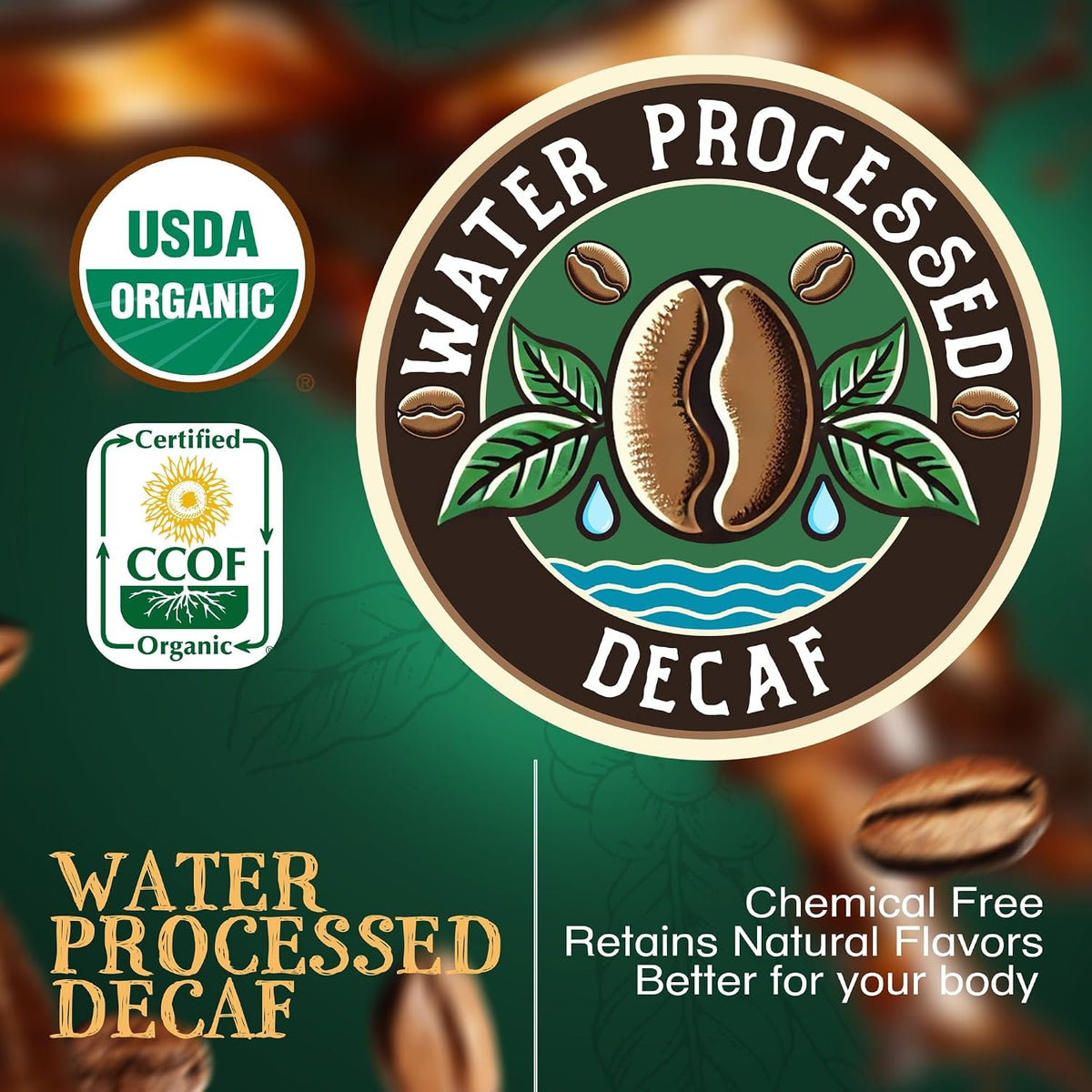 The Bean Organic Coffee Co. Decaf California Blend, Whole Bean, 2 x 1 lb | Mellow, low-acid California blend. Swiss Water Process, 99.9% caffeine-free. Organic decaf coffee beans. Medium Roast.