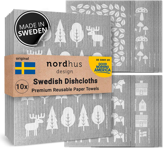 Nordhus Design Swedish Dishcloths,10 Grey Cloths, Made in Sweden - Reusable, Washable Cellulose Cotton Kitchen Cloths -