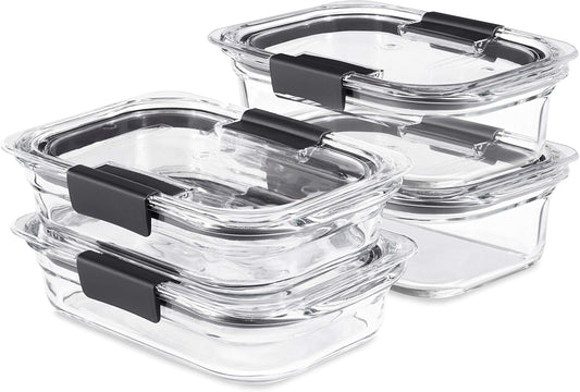 Rubbermaid Brilliance Glass Food Storage set of 4 containers 8 total pieces (4 containers + 4 lids) for Lunch Meal Prep and