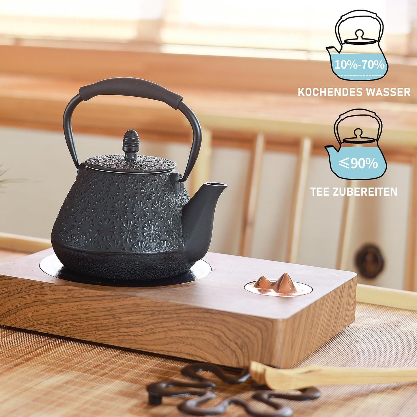 Cast Iron Teapot, 32oz Tea Kettle with Infuser for Stove Top, Sakura Blossom Pattern Japanese Tea Pot for Tea &amp; Coffee Coated with Enameled Interior, Silicone Handle 950ml black