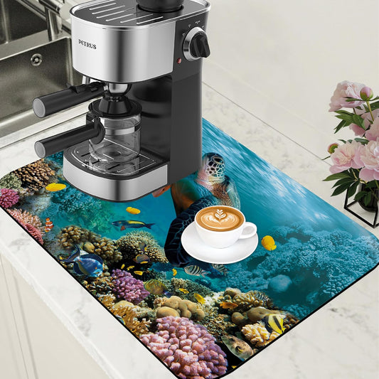 Sea Turtle Coffee Mat Absorbent Dish Drying Mat for Kitchen Counter Hide Stain Rubber Backed Coffee Bar Accessories Fit
