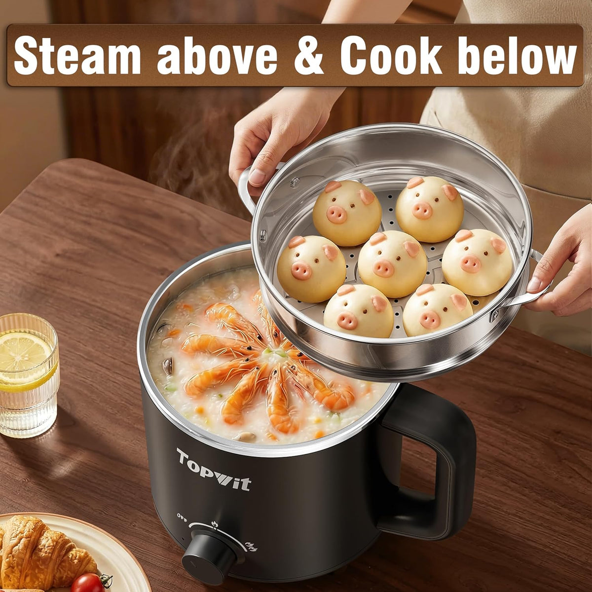 Topwit Hot Pot Electric with Steamer, 1.6L Ramen Cooker, Electric Pot for Pasta, Shabu-Shabu, Oatmeal, Soup and Egg, Portable Cooker with Dual Power Control, Dorm Room Essentials, Black