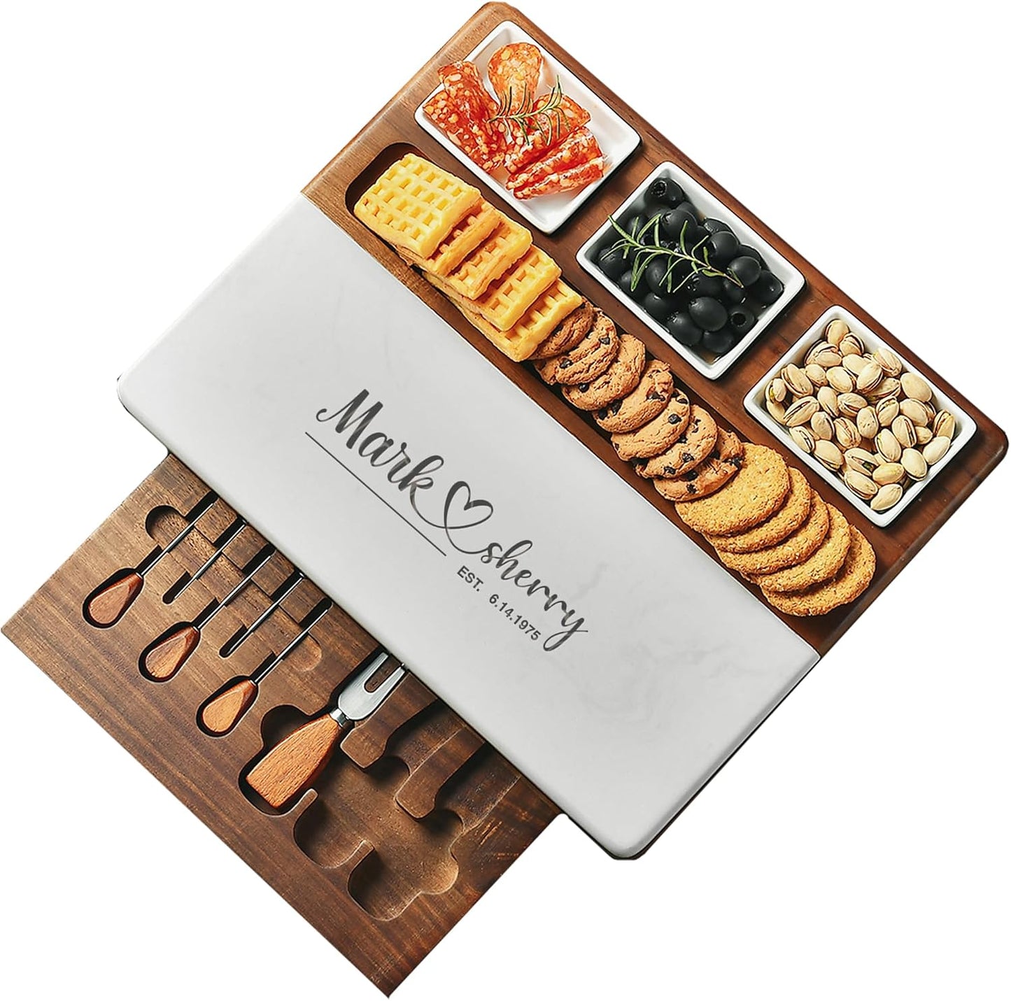 Shanik Wood Marble Cheese Board Set – Acacia &amp; Marble Charcuterie Board with 3 Removable Ceramic Bowls &amp; Stainless Steel Cutlery, Personalized Engraving, Wedding &amp; Housewarming Gift