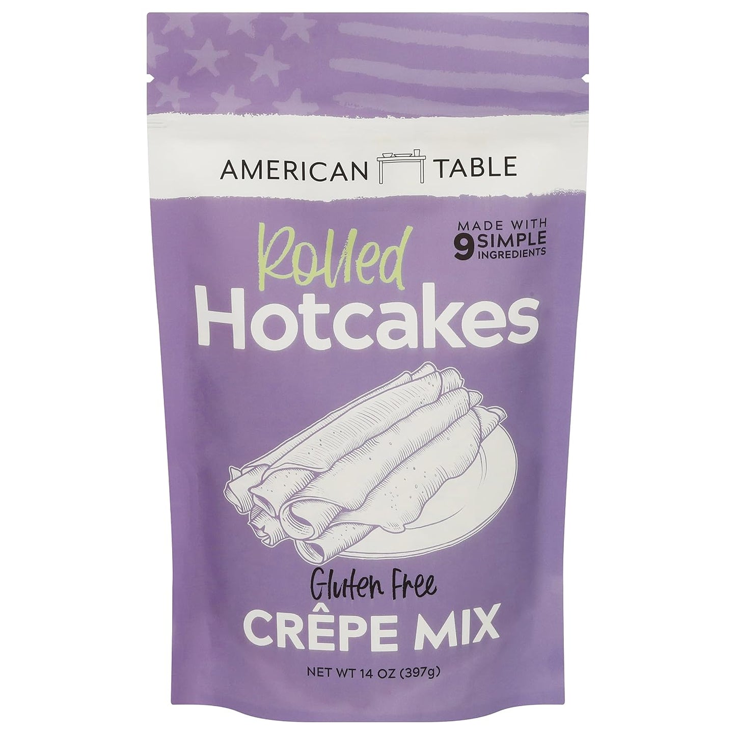 Gluten Free Rolled Hotcakes Crepe Mix by American Table, Made with American-Grown Ingredients &amp; Pure Vanilla, French-Style, Non-GMO, Low Sugar, No Preservatives, Makes 24 Crepes (14 oz, Pack of 1)