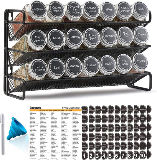 SpaceAid Spice Rack Organizer with 21 Spice Jars, 386 Spice Labels, Chalk Marker and Funnel Set for Cabinet, Countertop,