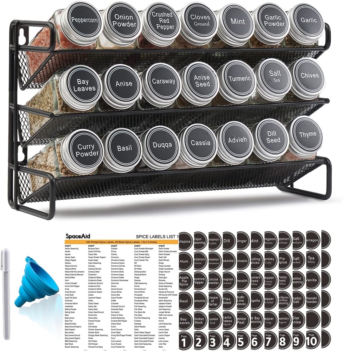 SpaceAid Spice Rack Organizer with 21 Spice Jars, 386 Spice Labels, Chalk Marker and Funnel Set for Cabinet, Countertop, Pantry, Cupboard or Door &amp; Wall Mount - 21 Jars, 13.4" W × 9" H, Black