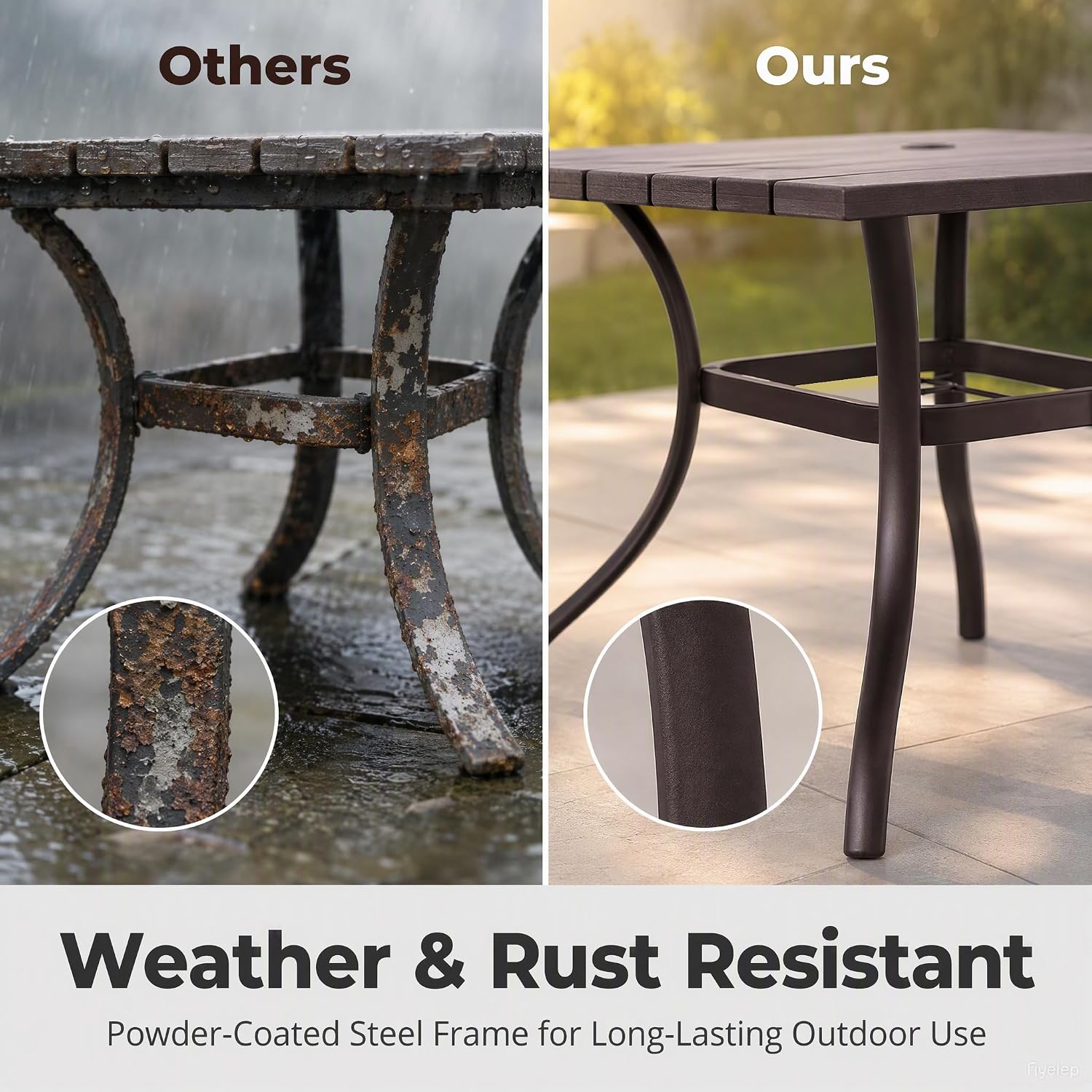 Anmutig 37" Outdoor Dining Table with 1.6" Umbrella Hole, Brown | Square Plastic Patio Table with Metal Steel Frame for