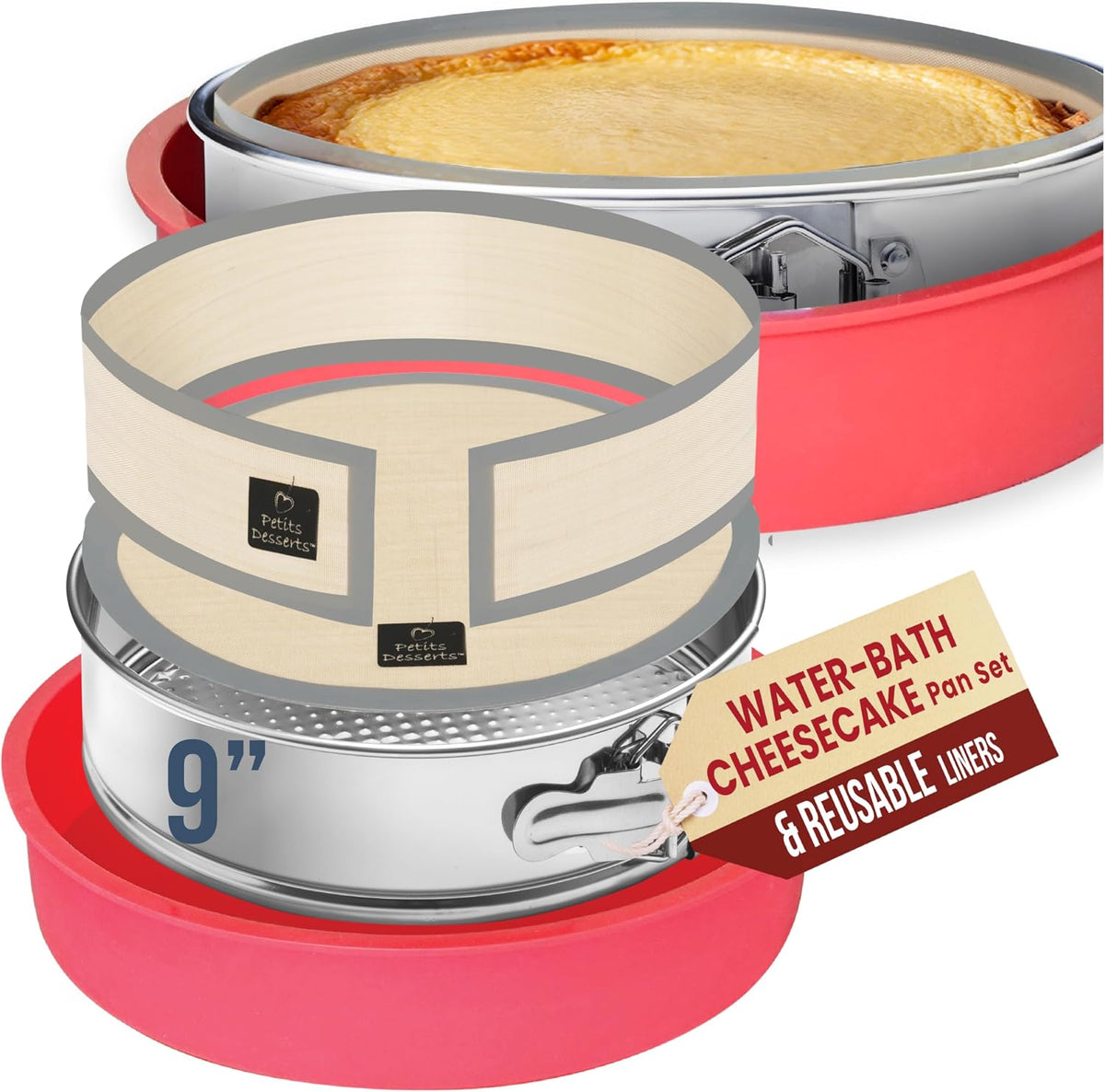 Cheesecake Pan, 9 Inch Springform with 2 REUSABLE NON-STICK Silicone LINERS