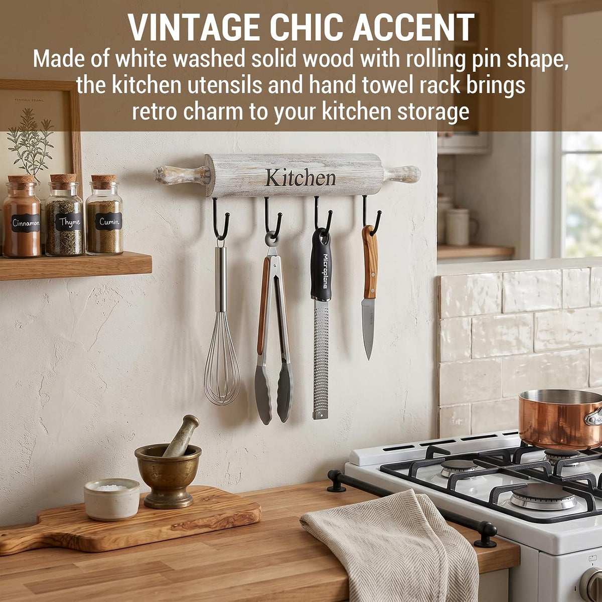 MyGift White Washed Wood Kitchen Utensil Rack with 4 Hooks